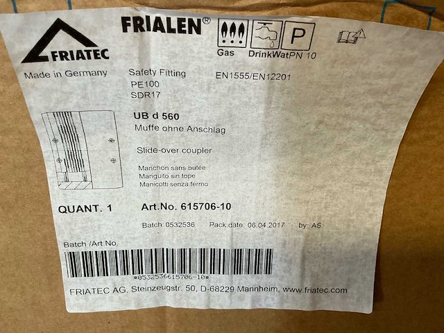Frialen ub d 560 hdpe 560mm koppelingen waterleiding - afbeelding 2 van  3