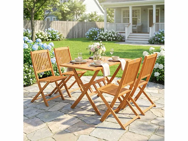 Fsc 5-delige houten tuinset opvouwbare tafel met 2 klapstoelen met bladontwerp - afbeelding 1 van  4