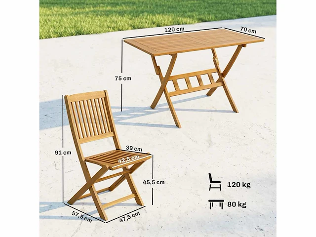 Fsc 5-delige houten tuinset opvouwbare tafel met 2 klapstoelen met bladontwerp - afbeelding 3 van  4