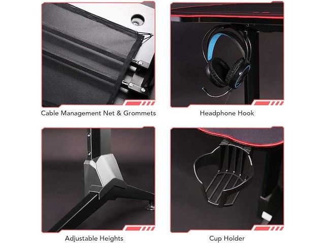 Gamingbureau 160x73cm gamerbureau met volledige muismat, bekerhouder, headsethaak en snoerbeheer, zwart - afbeelding 5 van  8