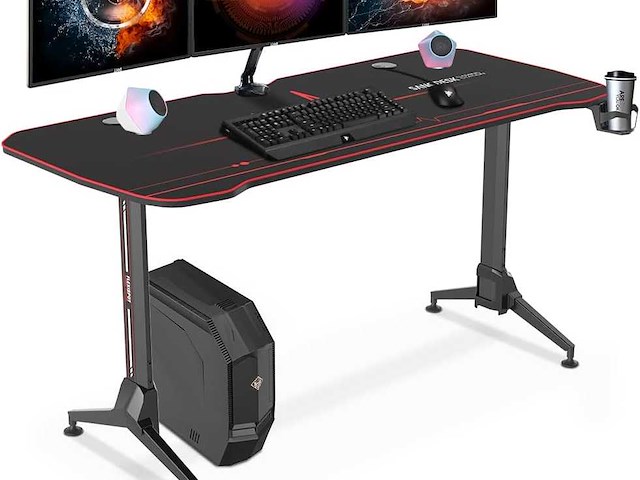 Gamingbureau 160x73cm gamerbureau met volledige muismat, bekerhouder, headsethaak en snoerbeheer, zwart - afbeelding 1 van  5