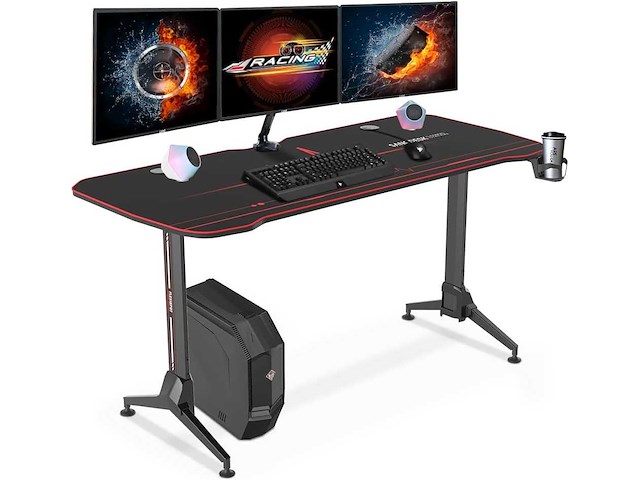 Gamingbureau 160x73cm gamerbureau met volledige muismat, bekerhouder, headsethaak en snoerbeheer, zwart - afbeelding 2 van  7
