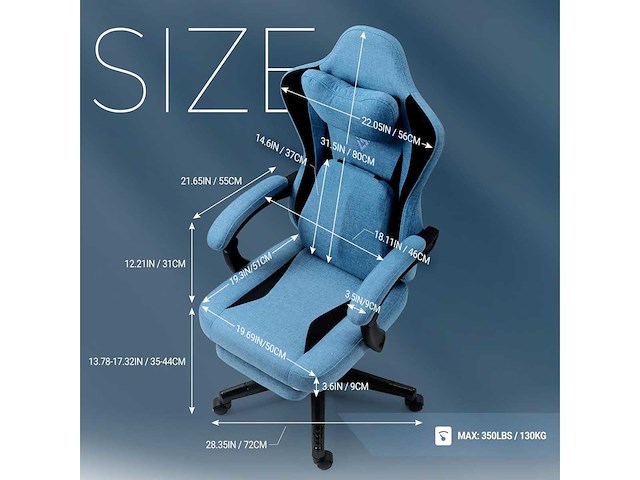Gamingstoel - blauwe stof - masserend - verwarmd - afbeelding 5 van  7