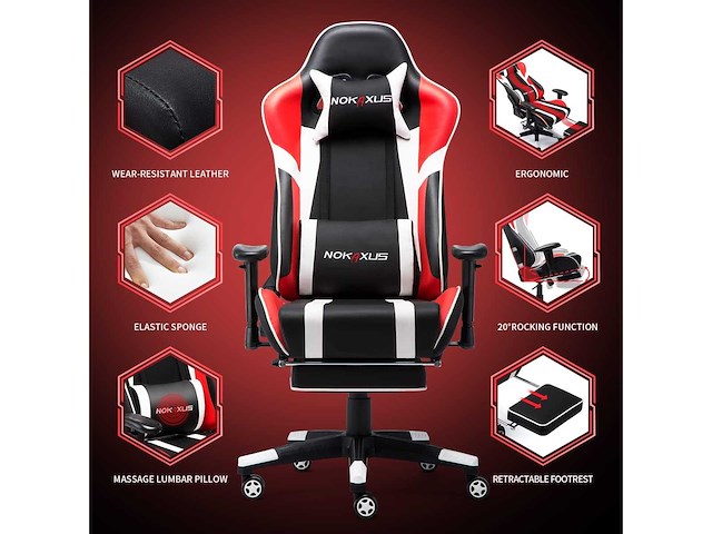 Gamingstoel, grote ergonomische hoge rugleuning racestoel met massage-lendensteun en voetsteun - afbeelding 4 van  9