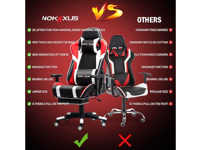 Gamingstoel, grote ergonomische hoge rugleuning racestoel met massage-lendensteun en voetsteun - afbeelding 6 van  9