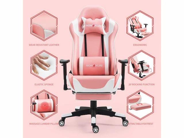 Gamingstoel, grote ergonomische racestoel met hoge rugleuning en massageondersteuning voor de lendensteun en uitschuifbare voetsteun - afbeelding 5 van  7