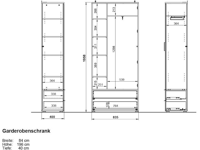 Garderobekast tille 84cm met 2 deuren & 2 lades - wit/eik - afbeelding 6 van  6