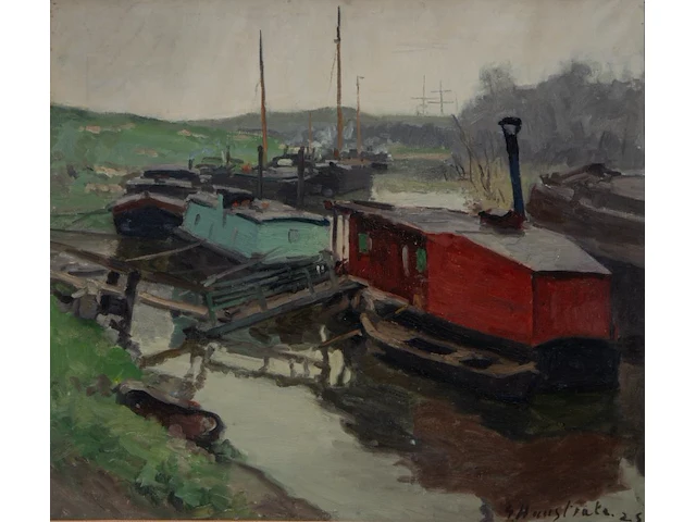 Gaston haustrate (1878-1949), fishing boats moored in dunkirk, 1925, oil on canvas 70 x 80 cm. (27.55 x 31 1/2 in.), frame: 81 x 91 cm. (31.89 x 35.82 in.) - afbeelding 1 van  6