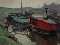 Gaston haustrate (1878-1949), fishing boats moored in dunkirk, 1925, oil on canvas 70 x 80 cm. (27.55 x 31 1/2 in.), frame: 81 x 91 cm. (31.89 x 35.82 in.)