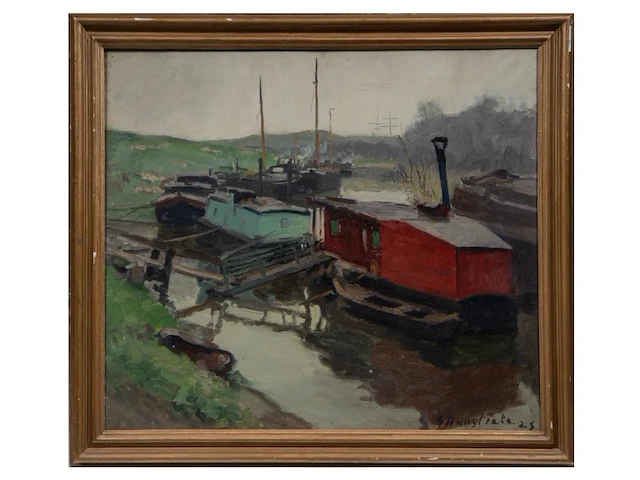 Gaston haustrate (1878-1949), fishing boats moored in dunkirk, 1925, oil on canvas 70 x 80 cm. (27.55 x 31 1/2 in.), frame: 81 x 91 cm. (31.89 x 35.82 in.) - afbeelding 2 van  6