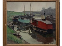 Gaston haustrate (1878-1949), fishing boats moored in dunkirk, 1925, oil on canvas 70 x 80 cm. (27.55 x 31 1/2 in.), frame: 81 x 91 cm. (31.89 x 35.82 in.) - afbeelding 2 van  6