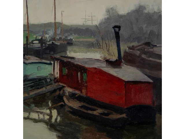 Gaston haustrate (1878-1949), fishing boats moored in dunkirk, 1925, oil on canvas 70 x 80 cm. (27.55 x 31 1/2 in.), frame: 81 x 91 cm. (31.89 x 35.82 in.) - afbeelding 5 van  6