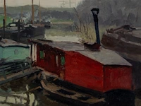 Gaston haustrate (1878-1949), fishing boats moored in dunkirk, 1925, oil on canvas 70 x 80 cm. (27.55 x 31 1/2 in.), frame: 81 x 91 cm. (31.89 x 35.82 in.) - afbeelding 5 van  6