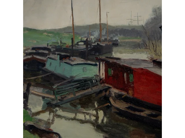Gaston haustrate (1878-1949), fishing boats moored in dunkirk, 1925, oil on canvas 70 x 80 cm. (27.55 x 31 1/2 in.), frame: 81 x 91 cm. (31.89 x 35.82 in.) - afbeelding 6 van  6