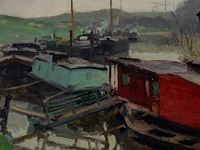 Gaston haustrate (1878-1949), fishing boats moored in dunkirk, 1925, oil on canvas 70 x 80 cm. (27.55 x 31 1/2 in.), frame: 81 x 91 cm. (31.89 x 35.82 in.) - afbeelding 6 van  6