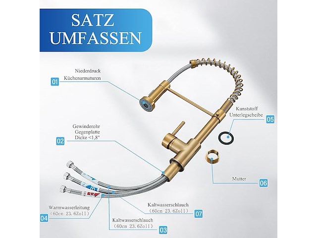 Geborsteld goudkleurige lagedruk keukenkraan - afbeelding 4 van  4