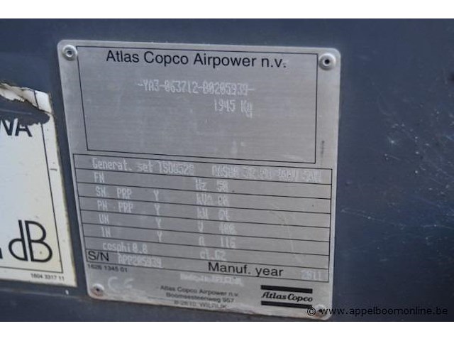 Generator, atlas copco, qas 80, 80kva, 64kw, 400v, bouwjaar 2011, 1945kg, werking niet gekend - afbeelding 5 van  5