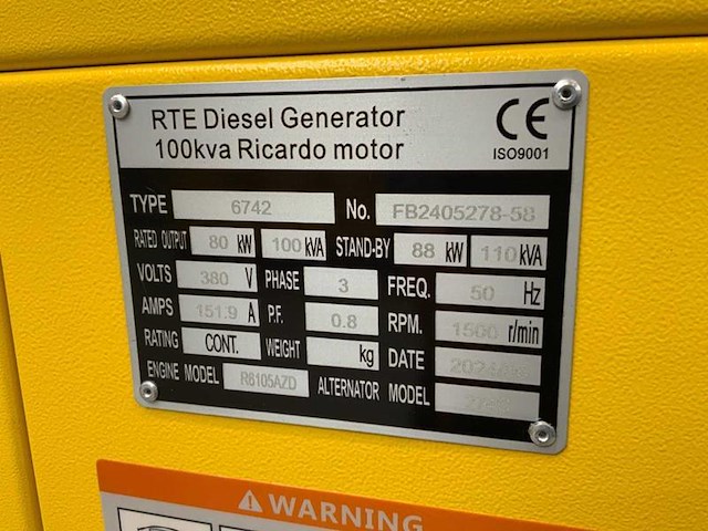 Generator rte 100kva ricardo – diesel – 100 kva – bouwjaar 2025 - afbeelding 13 van  17