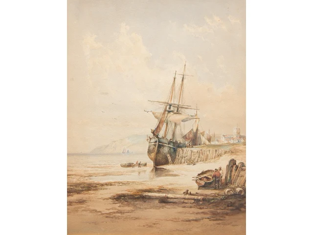 George stainton (act. 1860-1890), fishing boat near the shore, watercolour on paper 53 x 42 cm. (20.87 x 16.53 in.), frame: 74 x 62 cm. (29.12 x 24.41 in.) - afbeelding 1 van  5