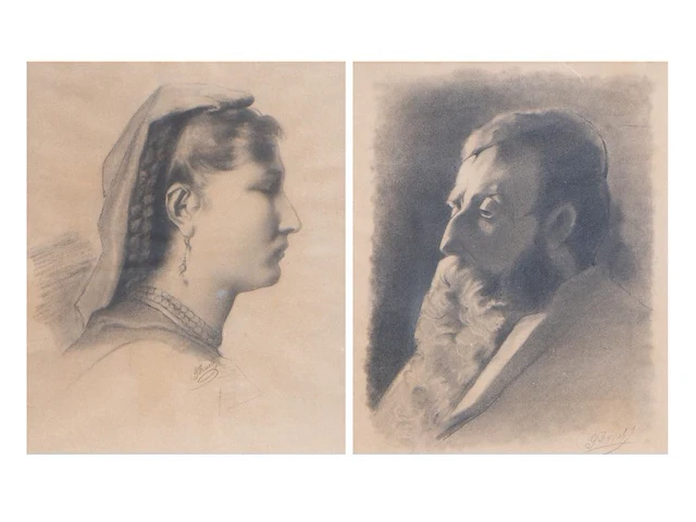 Georges ferret (xix), a pair of very fine charcoal portraits 27 x 22 cm. (10.63 x 8.66 in.), frame: 37 x 32 cm. (14.57 x 12.59 in.) - afbeelding 1 van  9