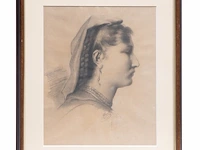 Georges ferret (xix), a pair of very fine charcoal portraits 27 x 22 cm. (10.63 x 8.66 in.), frame: 37 x 32 cm. (14.57 x 12.59 in.) - afbeelding 3 van  9