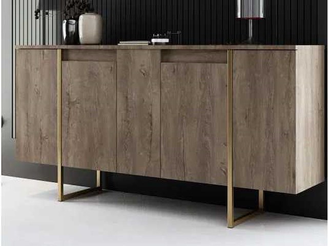 Geperste houten consoletafel met walnoot- en goudafwerking - afbeelding 4 van  9