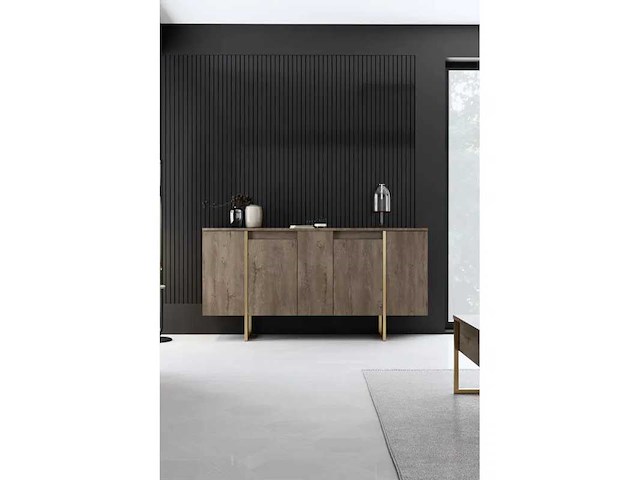 Geperste houten consoletafel met walnoot- en goudafwerking - afbeelding 5 van  9