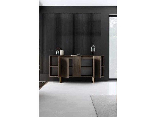 Geperste houten consoletafel met walnoot- en goudafwerking - afbeelding 6 van  9