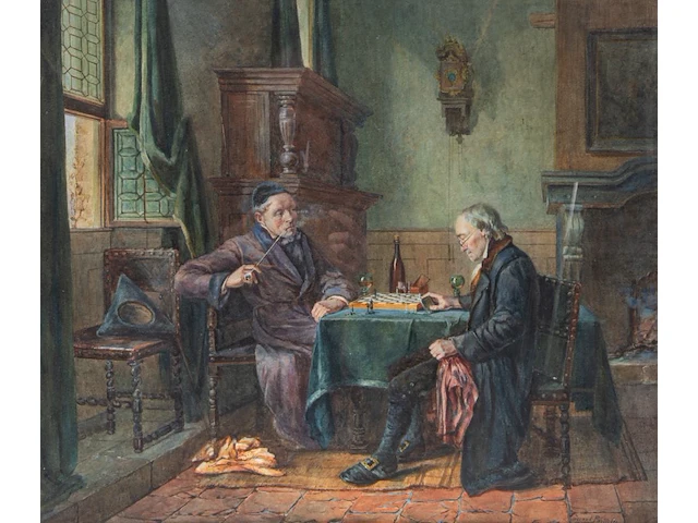 Gérard jozef portielje (1856-1929), the chess match, watercolour on paper 50 x 60 cm. (19.67 x 23.62 in.), frame: 58 x 68 cm. (22.82 x 26.76 in.) - afbeelding 1 van  6
