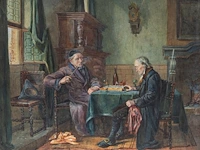 Gérard jozef portielje (1856-1929), the chess match, watercolour on paper 50 x 60 cm. (19.67 x 23.62 in.), frame: 58 x 68 cm. (22.82 x 26.76 in.)