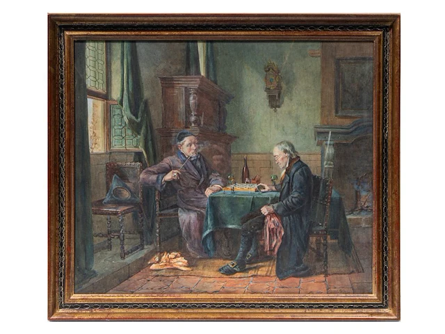 Gérard jozef portielje (1856-1929), the chess match, watercolour on paper 50 x 60 cm. (19.67 x 23.62 in.), frame: 58 x 68 cm. (22.82 x 26.76 in.) - afbeelding 2 van  6