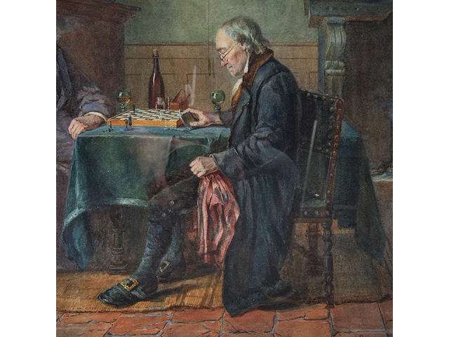 Gérard jozef portielje (1856-1929), the chess match, watercolour on paper 50 x 60 cm. (19.67 x 23.62 in.), frame: 58 x 68 cm. (22.82 x 26.76 in.) - afbeelding 5 van  6