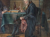 Gérard jozef portielje (1856-1929), the chess match, watercolour on paper 50 x 60 cm. (19.67 x 23.62 in.), frame: 58 x 68 cm. (22.82 x 26.76 in.) - afbeelding 5 van  6