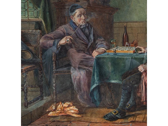 Gérard jozef portielje (1856-1929), the chess match, watercolour on paper 50 x 60 cm. (19.67 x 23.62 in.), frame: 58 x 68 cm. (22.82 x 26.76 in.) - afbeelding 6 van  6