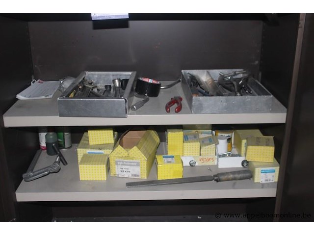 Gereedschapskast met inhoud, diverse handgereedschappen, klemmen, drukregelaar, gehoorbescherming, vijlen, bevestigingsmaterialen, werking niet gekend - afbeelding 2 van  3