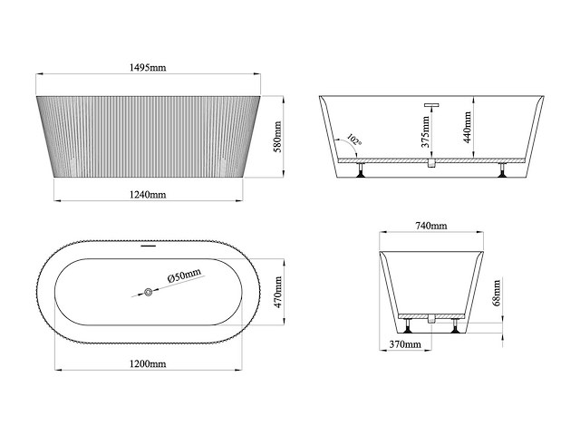 Geribbeld vrijstaand bad - 255 l - 149 x 73 x 58 cm - mat wit - acryl - afbeelding 5 van  6