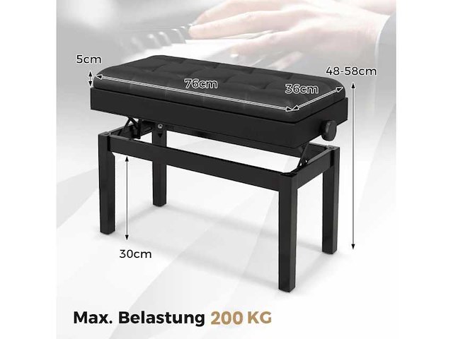 Gestoffeerde en verstelbare zwarte pianobank met opbergruimte - afbeelding 4 van  7