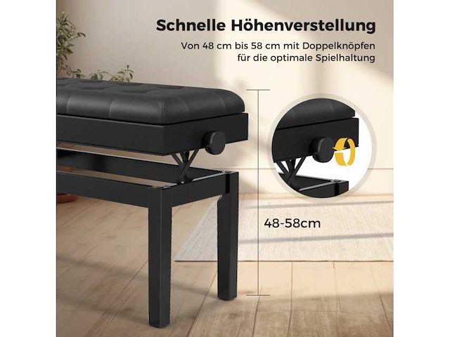 Gestoffeerde en verstelbare zwarte pianobank met opbergruimte - afbeelding 5 van  7