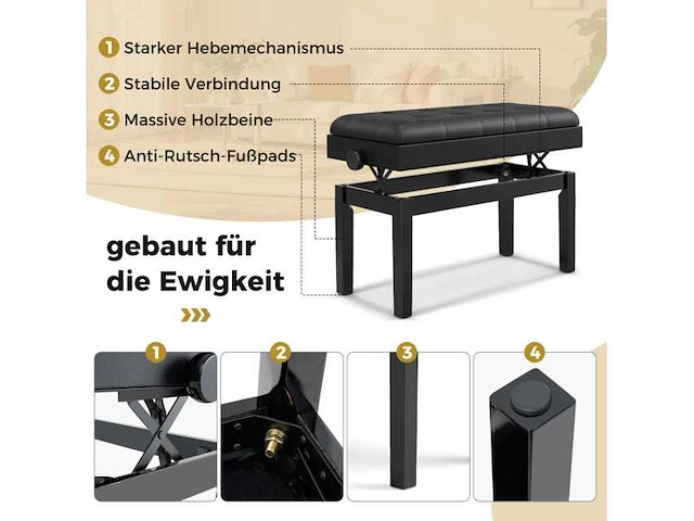 Gestoffeerde en verstelbare zwarte pianobank met opbergruimte - afbeelding 6 van  7