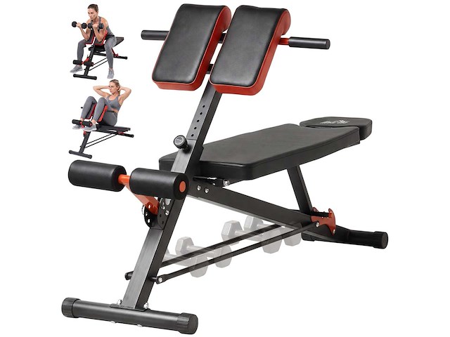 Gewichtbank 150l x 150b x 76h cm hoogte verstelbaar buikkussen 7 niveaus, gestoffeerde rugleuning, staal, zwart rood - afbeelding 2 van  6