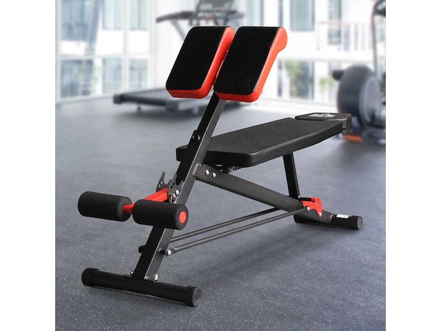 Gewichtbank 150l x 150b x 76h cm hoogte verstelbaar buikkussen 7 niveaus, gestoffeerde rugleuning, staal, zwart rood - afbeelding 5 van  6