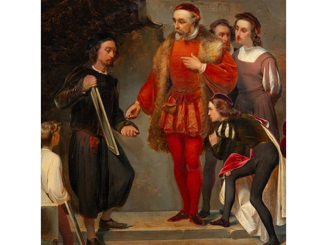 Giulio carlini (1830-1887), the venetian master presenting his work, 1851, oil on canvas 98 x 75 cm. (38.57 x 29.53 in.), frame: 121 x 98 cm. (47.64 x 38.57 in.) - afbeelding 5 van  8