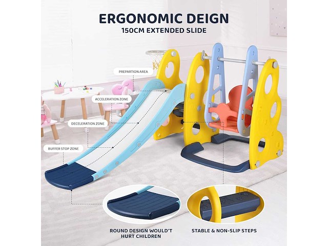 Glij- en swing, 3-in-1 glijbaan met swing & basketbalring en klimladder - afbeelding 2 van  4