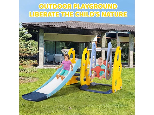 Glij- en swing, 3-in-1 glijbaan met swing & basketbalring en klimladder - afbeelding 4 van  4