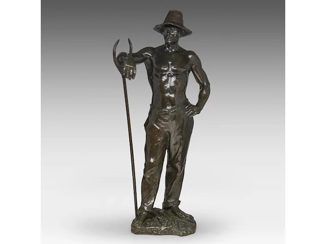 Godefroid devreese (1861-1941), resting farmer, patinated bronze 72 cm. (28.35 in.) - afbeelding 1 van  8