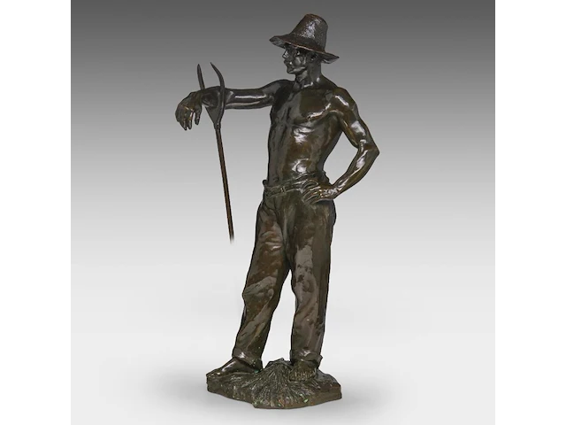 Godefroid devreese (1861-1941), resting farmer, patinated bronze 72 cm. (28.35 in.) - afbeelding 2 van  8