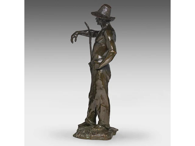 Godefroid devreese (1861-1941), resting farmer, patinated bronze 72 cm. (28.35 in.) - afbeelding 3 van  8