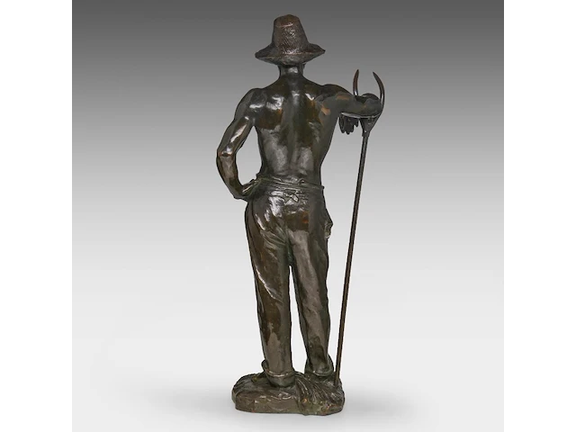 Godefroid devreese (1861-1941), resting farmer, patinated bronze 72 cm. (28.35 in.) - afbeelding 4 van  8