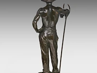 Godefroid devreese (1861-1941), resting farmer, patinated bronze 72 cm. (28.35 in.) - afbeelding 4 van  8