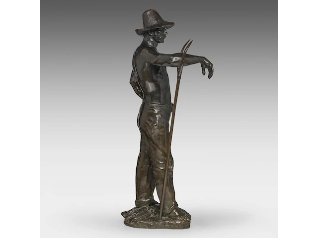 Godefroid devreese (1861-1941), resting farmer, patinated bronze 72 cm. (28.35 in.) - afbeelding 5 van  8